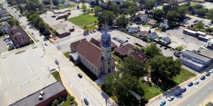 Drone shot of a church and surrounding urban area in Windsor, Ontario, Canada., tags: windsor - pexel